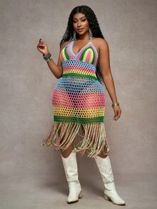Veslaya Plus Size Women Colorful Hollow Out Tassel Slip Dress, Suitable For Beach Vacation - Multicolor - View 5