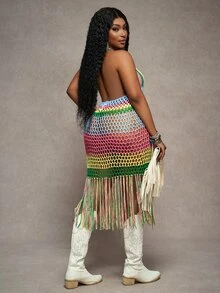 Veslaya Plus Size Women Colorful Hollow Out Tassel Slip Dress, Suitable For Beach Vacation - Multicolor - View 2