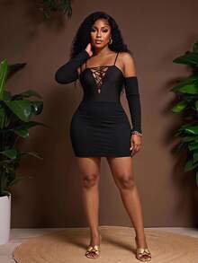 Veslaya Plus Lace Up Bodycon Dress - Black - View 1