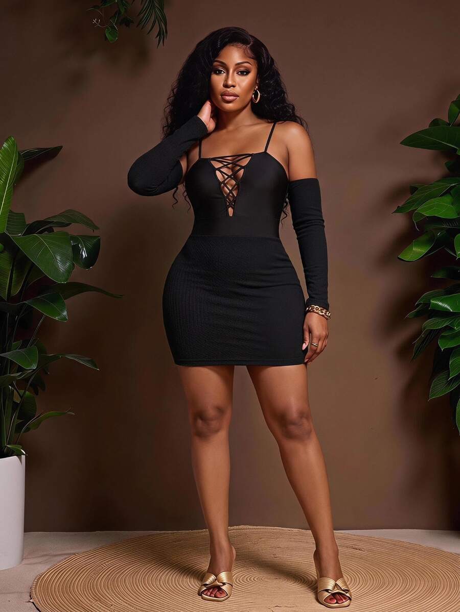 Veslaya Plus Lace Up Bodycon Dress - Black - View 1
