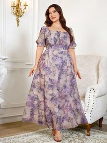 Reflora Gaun Musim Panas Elegan Wanita Ukuran Plus Warna Abu-abu Muda Motif Bunga Leher Persegi Lengan Berkerut dan Mengembang, Gaun Jalabiya Panjang yang Sopan untuk Tamu Pernikahan, Pesta, dan Liburan - MultiWarna - View 2