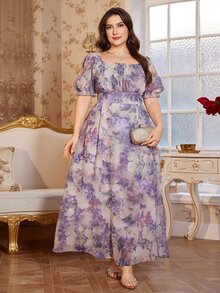 Reflora Gaun Musim Panas Elegan Wanita Ukuran Plus Warna Abu-abu Muda Motif Bunga Leher Persegi Lengan Berkerut dan Mengembang, Gaun Jalabiya Panjang yang Sopan untuk Tamu Pernikahan, Pesta, dan Liburan - MultiWarna - View 4