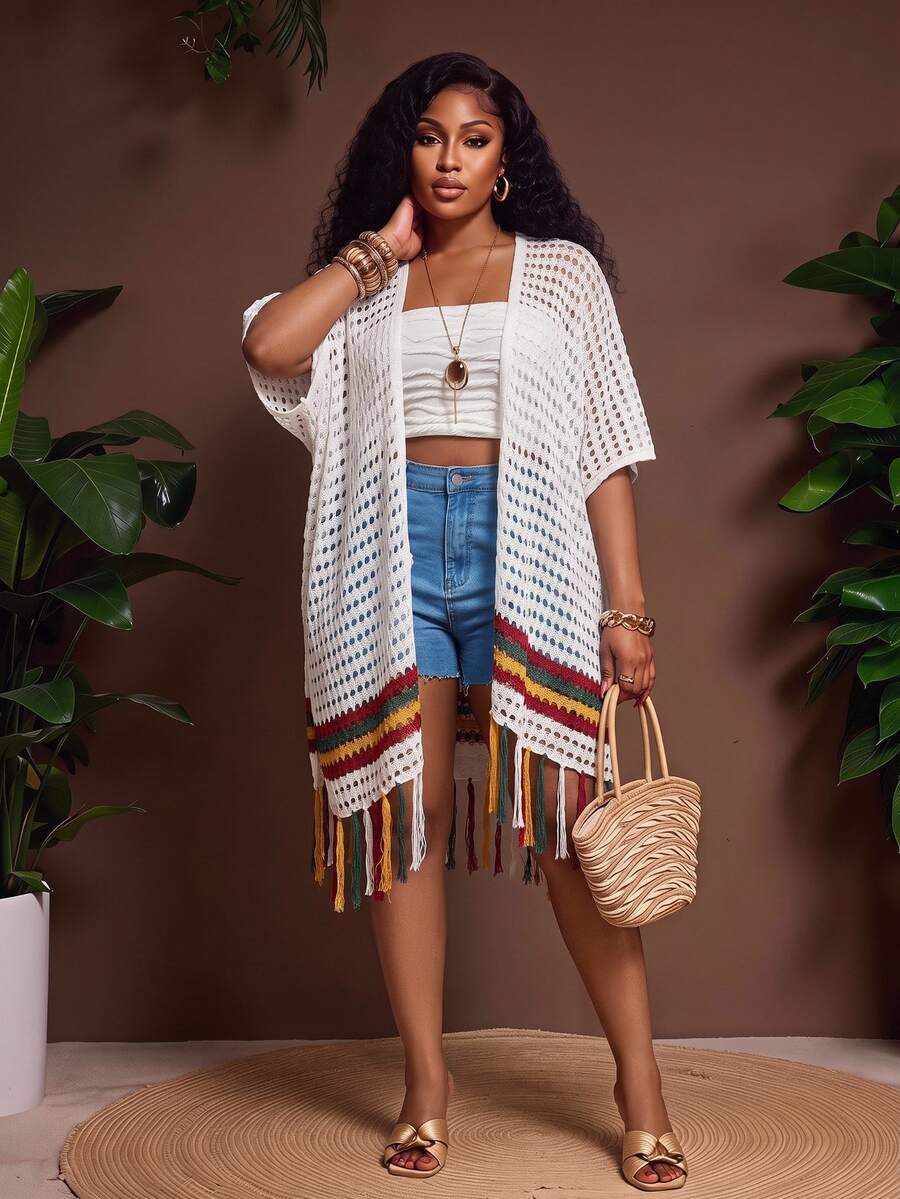 Veslaya Plus Size Women Colorful Striped Tassels Hem Hollow Lightweight Cardigan - Multicolor - View 1