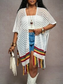 Veslaya Plus Size Women Colorful Striped Tassels Hem Hollow Lightweight Cardigan - Multicolor - View 6