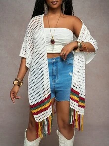 Veslaya Plus Size Women Colorful Striped Tassels Hem Hollow Lightweight Cardigan - Multicolor - View 5