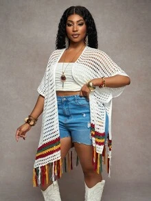 Veslaya Plus Size Women Colorful Striped Tassels Hem Hollow Lightweight Cardigan - Multicolor - View 7