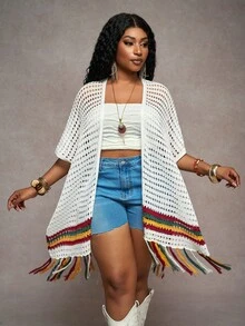 Veslaya Plus Size Women Colorful Striped Tassels Hem Hollow Lightweight Cardigan - Multicolor - View 3