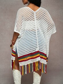 Veslaya Plus Size Women Colorful Striped Tassels Hem Hollow Lightweight Cardigan - Multicolor - View 2