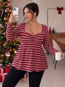 SHEIN Frenchy Kaos Wanita Ukuran Besar Motif Garis-Garis Warna Blok Kasual Elegan Serbaguna untuk Pakaian Sehari-hari, Pakaian Formal di Rumah, Warna Merah dan Putih, Cocok untuk Musim Gugur - Burgundy - View 2