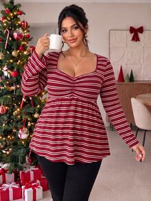 SHEIN Frenchy Kaos Wanita Ukuran Besar Motif Garis-Garis Warna Blok Kasual Elegan Serbaguna untuk Pakaian Sehari-hari, Pakaian Formal di Rumah, Warna Merah dan Putih, Cocok untuk Musim Gugur - Burgundy - View 5