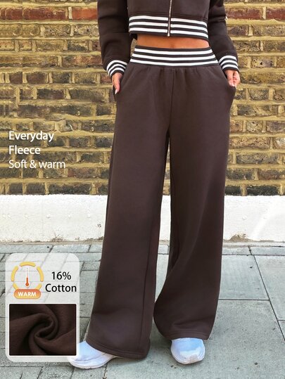 Fluxe Women Fleece Lined Jogger Pants Striped Contrast Trim Cotton Blend High Waist Straight Leg Gym Sweatpants Workout Fitness Sportswear Warm