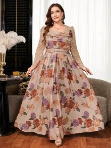 Levarali 大尺碼女款花卉印花百褶設計對比蕾絲長袖優雅洋裝 - 彩色 - 查看 4
