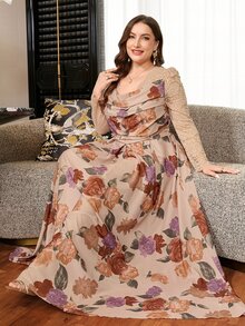 Levarali 大尺碼女款花卉印花百褶設計對比蕾絲長袖優雅洋裝 - 彩色 - 查看 6