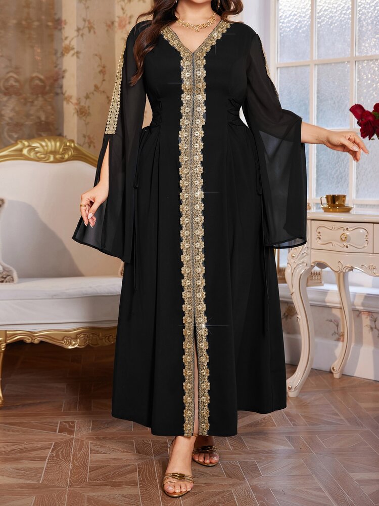 Reflora Plus Size Women V-Neck Casual Party Dress - Black - View 9