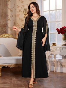 Reflora Plus Size Women V-Neck Casual Party Dress - Black - View 6