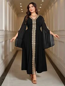 Reflora Plus Size Women V-Neck Casual Party Dress - Black - View 1