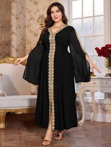 Reflora Plus Size Women V-Neck Casual Party Dress - Black - View 12