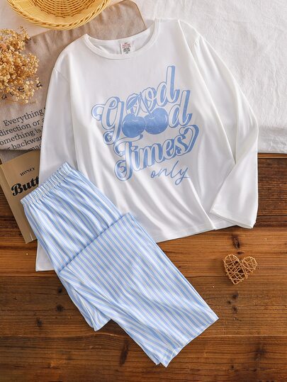 SHEIN Girls' Simple Fashion Letter Print Long Sleeve Top + Plaid Long Pants 4-Piece Set Loungewear Outfit