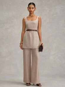 RueChic Women Two Pieces Outfits Tops And Wide Leg Pant Suit Sets - Brown - View 6
