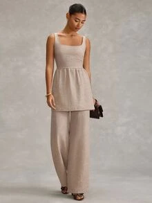 RueChic Women Two Pieces Outfits Tops And Wide Leg Pant Suit Sets - Brown - View 5