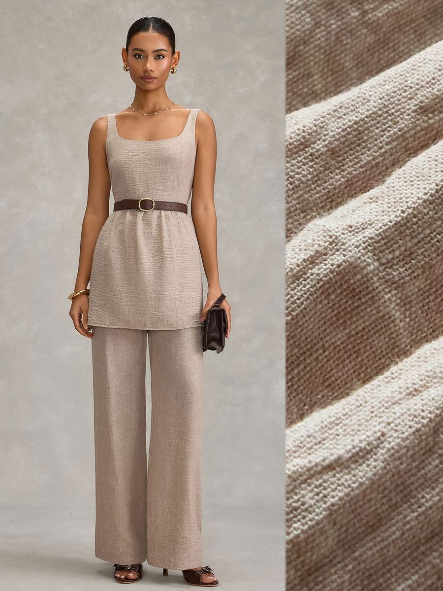 RueChic Women Two Pieces Outfits Tops And Wide Leg Pant Suit Sets - Brown - View 1