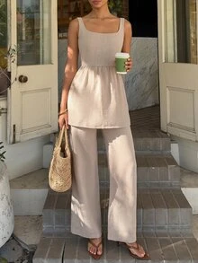 RueChic Women Two Pieces Outfits Tops And Wide Leg Pant Suit Sets - Brown - View 2