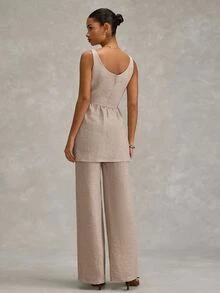 RueChic Women Two Pieces Outfits Tops And Wide Leg Pant Suit Sets - Brown - View 3