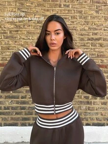 Fluxe Hooded Zip-Up Long Sleeve Striped Solid Color Sports Sweatshirt - Burgundy - View 10