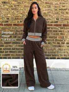 Fluxe Hooded Zip-Up Long Sleeve Striped Solid Color Sports Sweatshirt - Burgundy - View 7