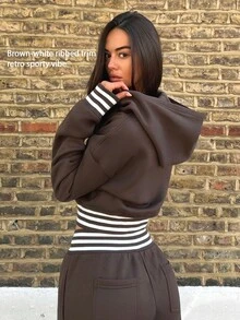 Fluxe Hooded Zip-Up Long Sleeve Striped Solid Color Sports Sweatshirt - Burgundy - View 6