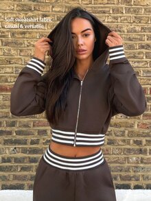 Fluxe Hooded Zip-Up Long Sleeve Striped Solid Color Sports Sweatshirt - Burgundy - View 13