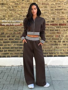 Fluxe Hooded Zip-Up Long Sleeve Striped Solid Color Sports Sweatshirt - Burgundy - View 9