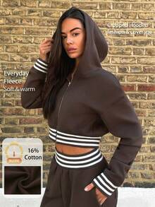 Fluxe Hooded Zip-Up Long Sleeve Striped Solid Color Sports Sweatshirt - Burgundy - View 1