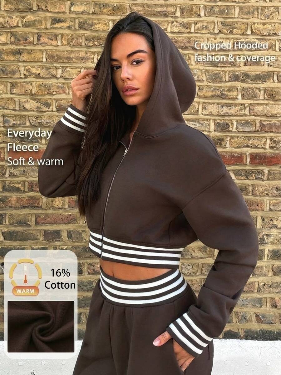 Fluxe Hooded Zip-Up Long Sleeve Striped Solid Color Sports Sweatshirt - Burgundy - View 1