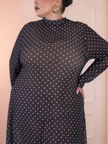 Pretty and Ole Plus Size Women's Polka Dot Print Stand Collar Long Sleeve Elegant Dress Fall - Black - View 5