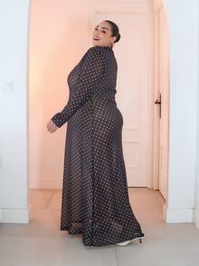 Pretty and Ole Plus Size Women's Polka Dot Print Stand Collar Long Sleeve Elegant Dress Fall - Black - View 6