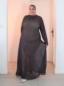Pretty and Ole Plus Size Women's Polka Dot Print Stand Collar Long Sleeve Elegant Dress Fall - Black - View 4
