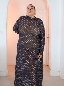 Pretty and Ole Plus Size Women's Polka Dot Print Stand Collar Long Sleeve Elegant Dress Fall - Black - View 7