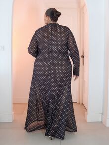Pretty and Ole Plus Size Women's Polka Dot Print Stand Collar Long Sleeve Elegant Dress Fall - Black - View 3