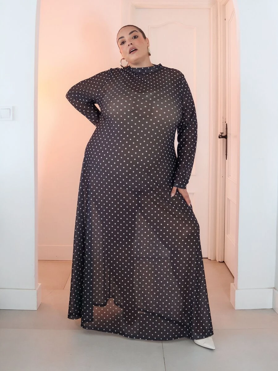 Pretty and Ole Plus Size Women's Polka Dot Print Stand Collar Long Sleeve Elegant Dress Fall