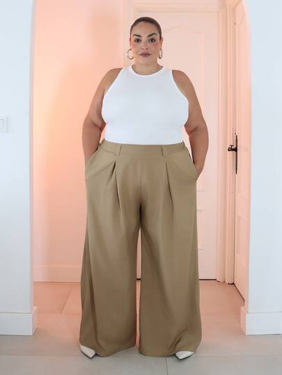 Pretty and Ole Plus Size Women's Wide Leg Pants, Solid Apricot Color, Elegant Style, Fashionable For Commuting And Office Wear Fall