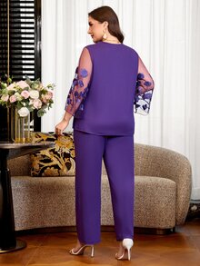 Reflora Plus Size Elegant Party Dinner Formal Evening Wedding Guest Embroidered Mesh Patchwork Top Pants 2 Pieces Set Purple Dark Purple Autumn Fall Wedding - Purple - View 3