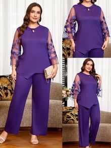 Reflora Plus Size Elegant Party Dinner Formal Evening Wedding Guest Embroidered Mesh Patchwork Top Pants 2 Pieces Set Purple Dark Purple Autumn Fall Wedding - Purple - View 8