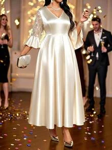 SHEIN Lady CURVE Plus Size V-Neck Flared Sleeve Rhinestone Tassel A-Line High Waist Dress Wedding Formal Cocktail Champagne Winter Casual Elegant - Apricot - View 3