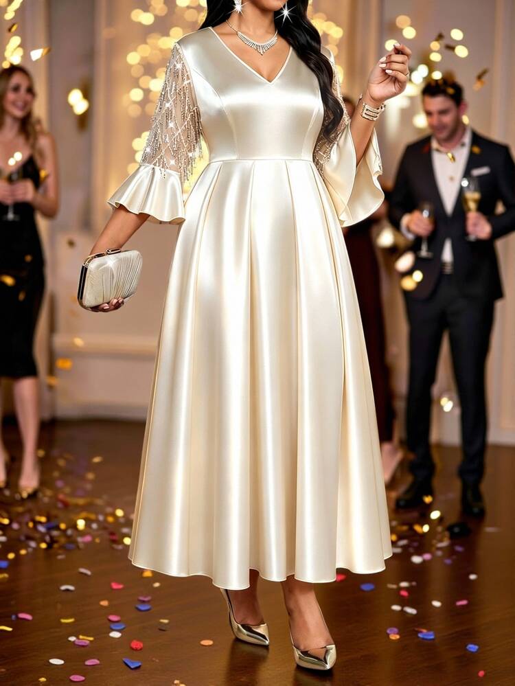 SHEIN Lady CURVE Plus Size V-Neck Flared Sleeve Rhinestone Tassel A-Line High Waist Dress Wedding Formal Cocktail Champagne Winter Casual Elegant - Apricot - View 3