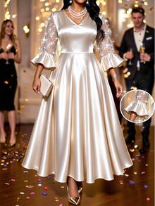 SHEIN Lady CURVE Plus Size V-Neck Flared Sleeve Rhinestone Tassel A-Line High Waist Dress Wedding Formal Cocktail Champagne Winter Casual Elegant - Apricot - View 1