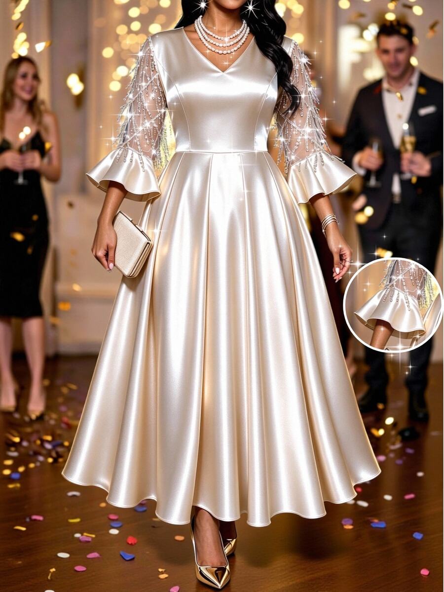 SHEIN Lady CURVE Plus Size V-Neck Flared Sleeve Rhinestone Tassel A-Line High Waist Dress Wedding Formal Cocktail Champagne Winter Casual Elegant - Apricot - View 1