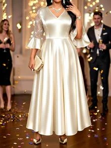 SHEIN Lady CURVE Plus Size V-Neck Flared Sleeve Rhinestone Tassel A-Line High Waist Dress Wedding Formal Cocktail Champagne Winter Casual Elegant - Apricot - View 5