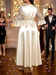 SHEIN Lady CURVE Plus Size V-Neck Flared Sleeve Rhinestone Tassel A-Line High Waist Dress Wedding Formal Cocktail Champagne Winter Casual Elegant - Apricot - View 2