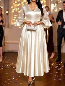 SHEIN Lady CURVE Plus Size V-Neck Flared Sleeve Rhinestone Tassel A-Line High Waist Dress Wedding Formal Cocktail Champagne Winter Casual Elegant - Apricot - View 4